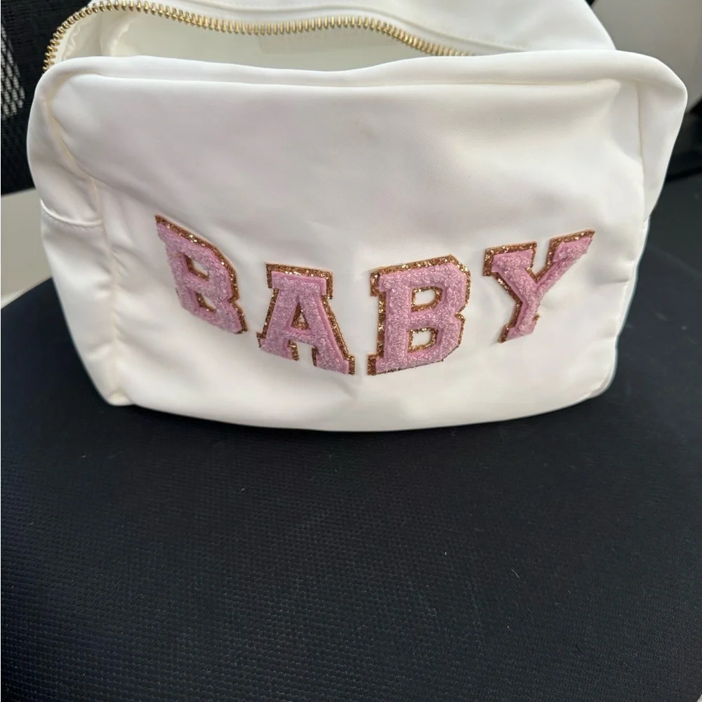 Stoney Clover Lane White Pouch with Pink Embroidery